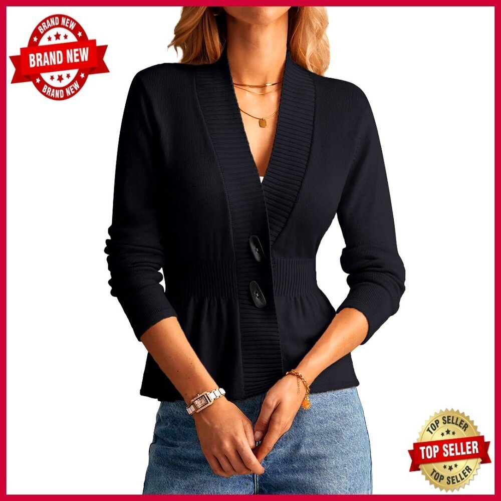 Cropped Cardigan Sweater with Peplum Waist, V-Neck, Long Sleeve, Lightweight